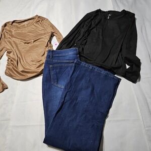 Just Be. Womens 3pc Set Flare Jeans sz 10 & 2 Ruched Long Sleeve Tops Lg Bundle